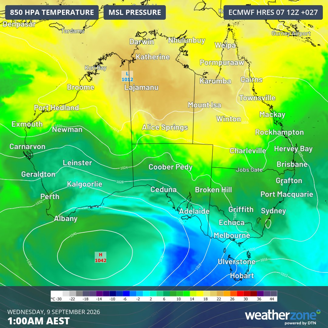 Mean sea level pressure and 850 hPa temperatures predicted for 1 am (AEST) on Wednesday, September 9, 2026, showing the fresh surge of cold air across the southeast. Source: Weatherzone.