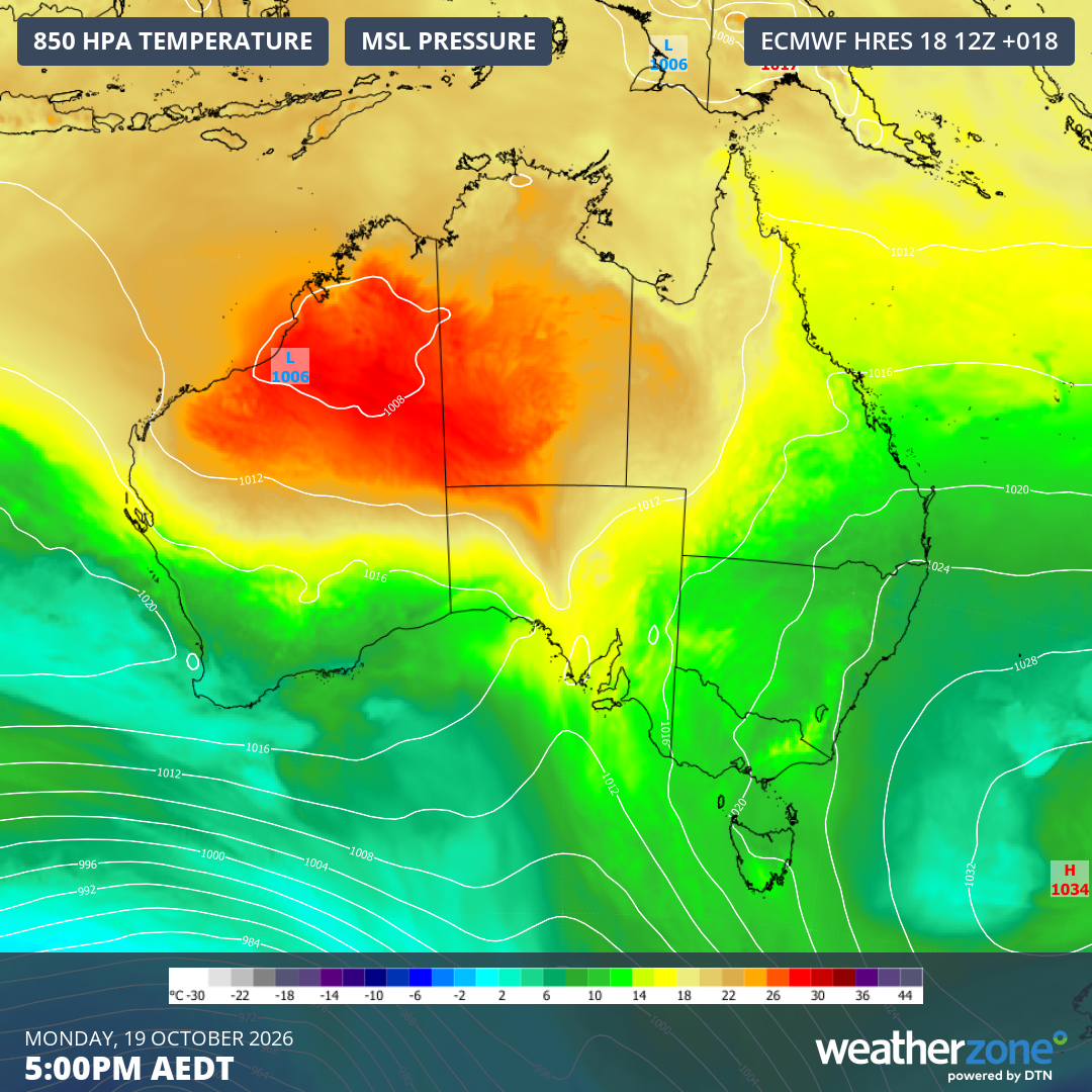 Mean sea level pressure and 850 hPa temperatures for Australia at 5 pm (AEDT) on Monday, October 19, 2026. The high centred over waters near NZ is expected to move very little over the week. Source: Weatherzone.