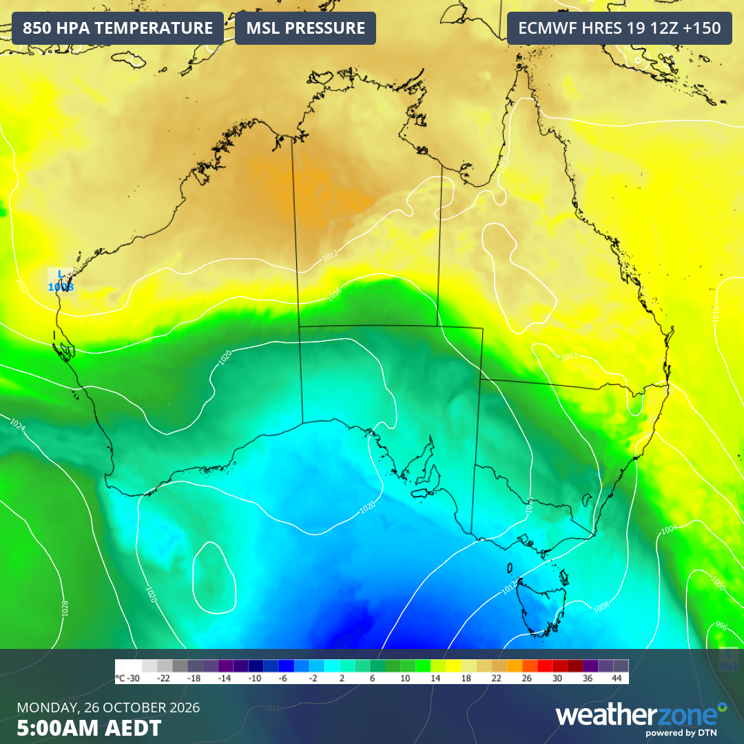 Image: Mean sea level pressure and 850 hPa temperatures showing much cooler air establishing over SE Australia early on Monday, October 26, 2026. Source: Weatherzone.