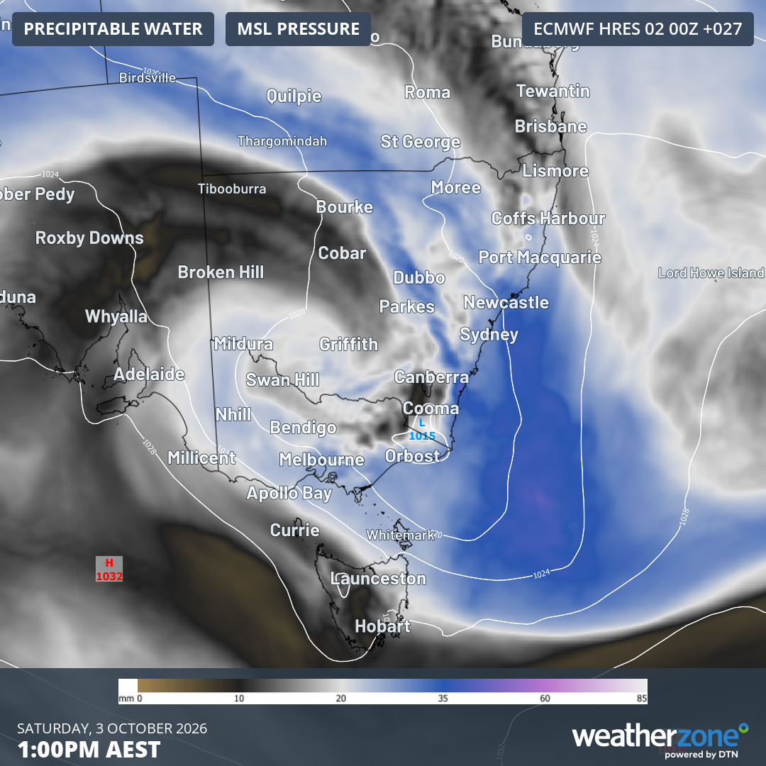 Predicted mean sea level pressure and precipitable atmospheric water vapour for SE Australia at 1 pm (AEST) on Saturday, October 3, 2023.