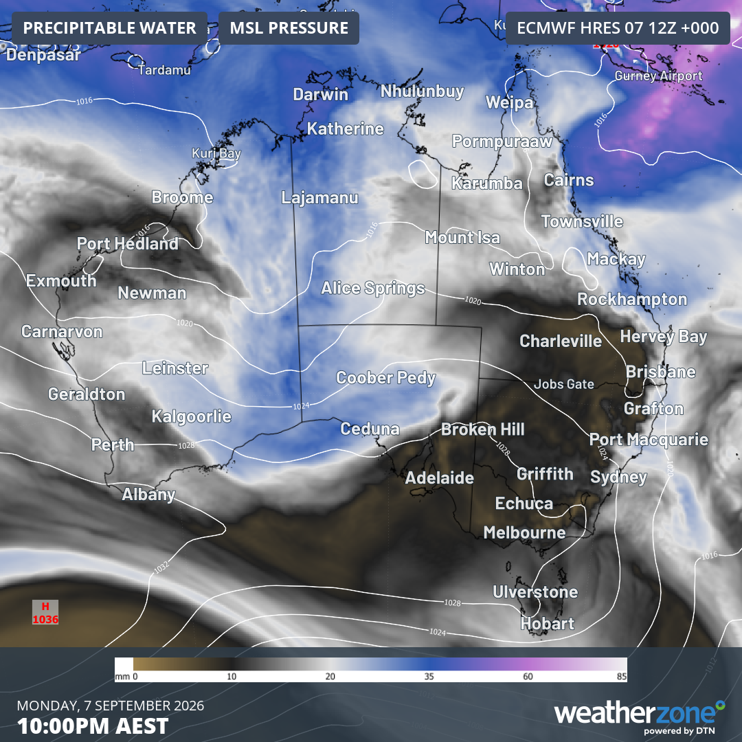 Mean sea level pressure and precipitable water at 10 pm (AEST) on Monday, September 7, 2026, showing the dry airmass as cool southerly winds push across the southeast. Source: Weatherzone.