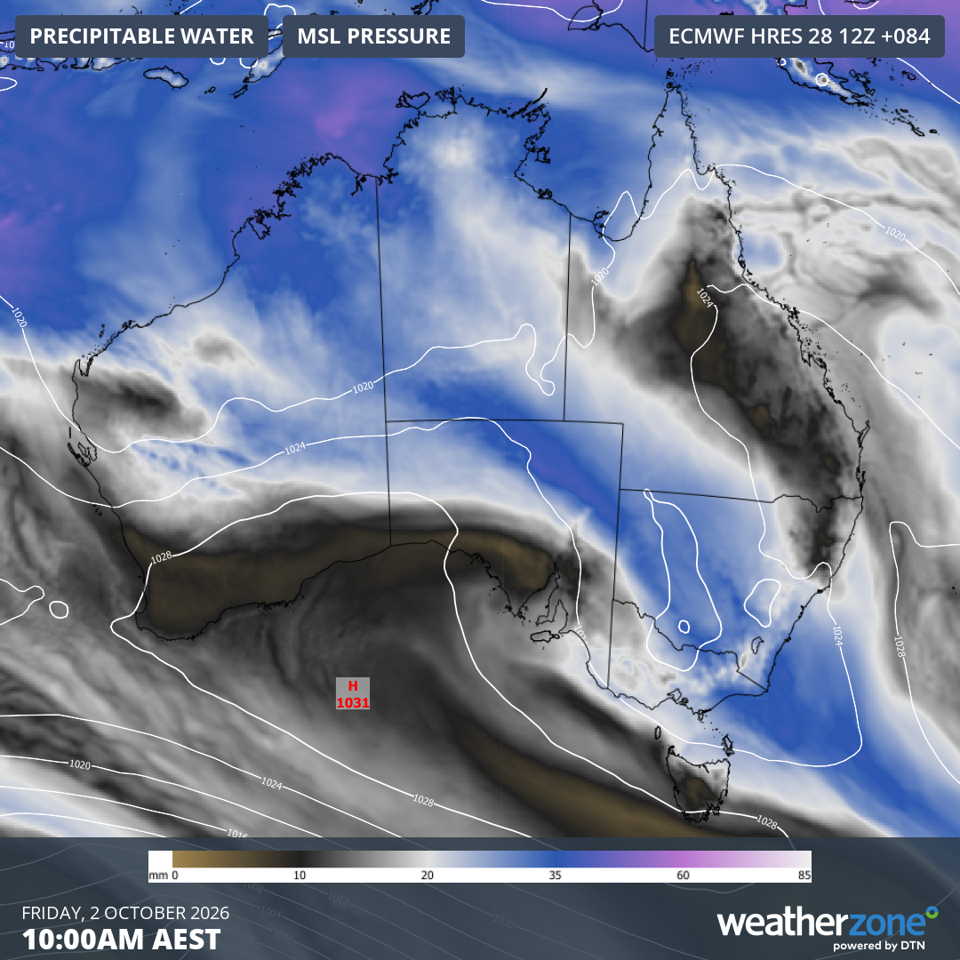 Mean sea level pressure and precipitable water across Australia predicted for 10 am on Friday, October 2, 2026. Source: Weatherzone.