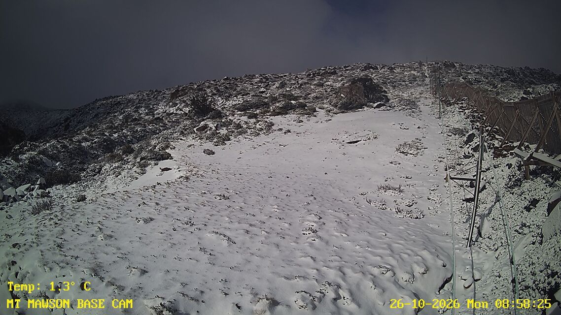 Image: The snow cam at Mt Mawson, about two hours NW of Hobart, on the morning of Monday, October 26, 2026. Source: Mt Mawson.