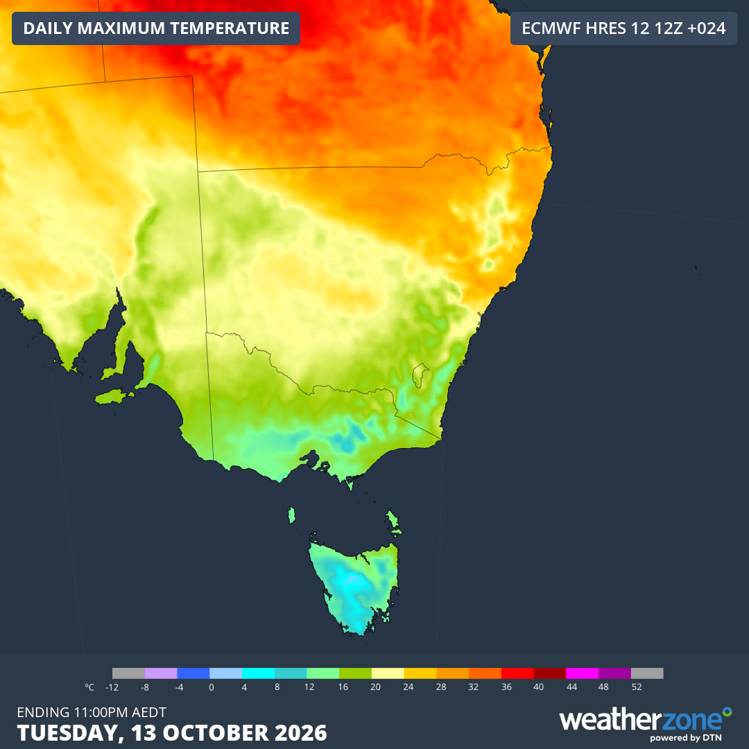 Forecast maximums across SE Australia on Tuesday, October 13, 2026, according to the ECMWF model. Source: Weatherzone.