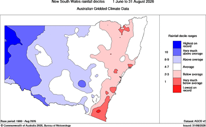 NSW rainfall deciles for winter 2026. Source: BoM. 