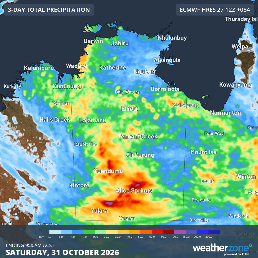 Predicted rainfall accumulation across the NT until the morning of Saturday, October 31, 2026, according to the ECMWF model. Source: Weatherzone