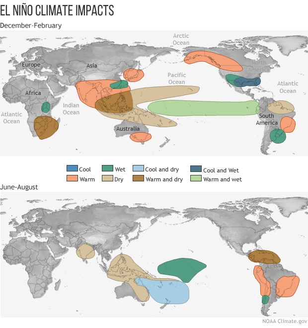 Weather effects due to El Niño are global and different depending on the time of year. Source: NOAA.