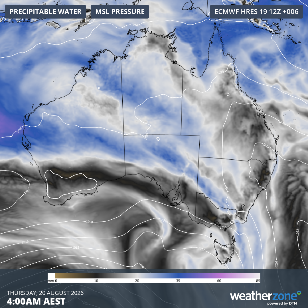 Image: Precipitable water and mean sea level pressure, with atmospheric water vapour indicated by dark blue shading. Source: Weatherzone.