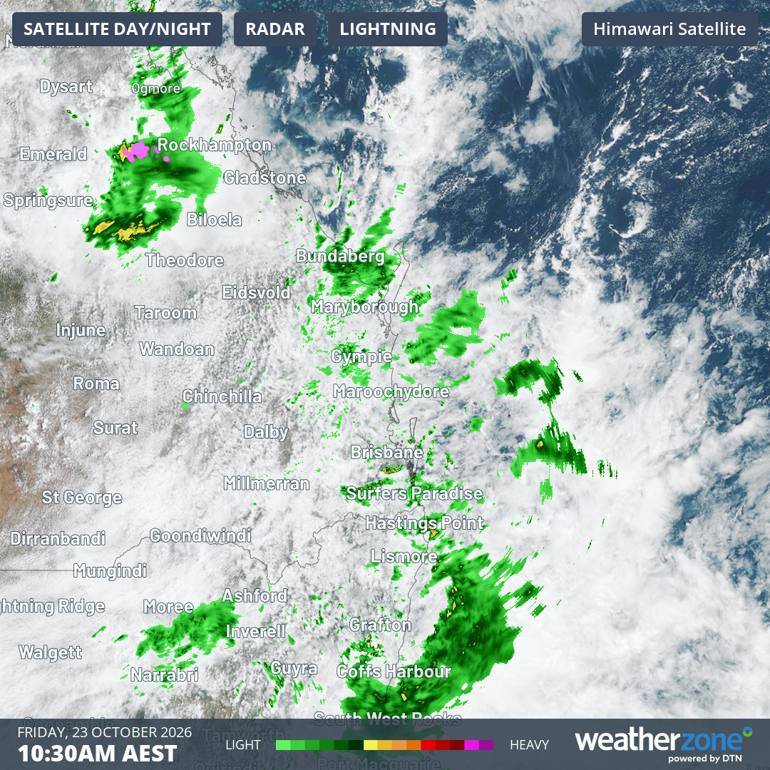 Much less rain evident on the radar over SE Queensland despite widespread cloud visible by satellite at 10:30 am (AEST) on Friday, October 23, 2026. Source: Weatherzone.