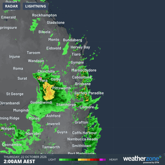 Radar over SE Qld and NE NSW for the six hours to 8 am (AEST) on Thursday, October 22, 2026. Source: Weatherzone.