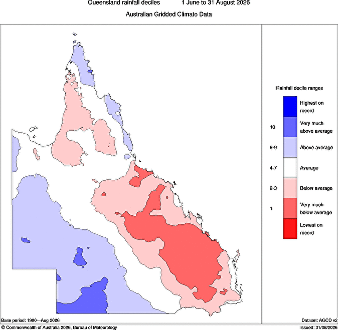 Image: Queensland rainfall deciles for winter 2026. Source: BoM.
