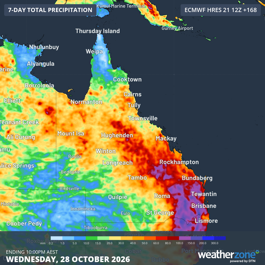 Total accumulated rainfall predicted for Queensland and parts of adjacent states up until next Wednesday, October 28, 2026, according to the ECMWF model. Source: Weatherzone.