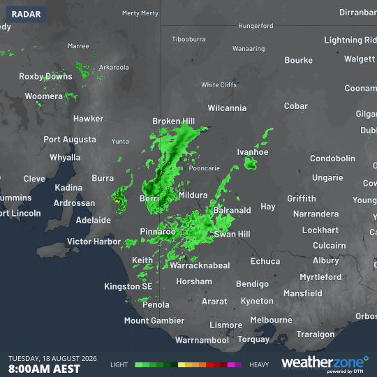 Rain radar loop for the four hours to midday (AEST) on Tuesday, August 18, 2026, for parts of Australia within a 1500 km radius of Mildura, Vic. Source: Weatherzone.