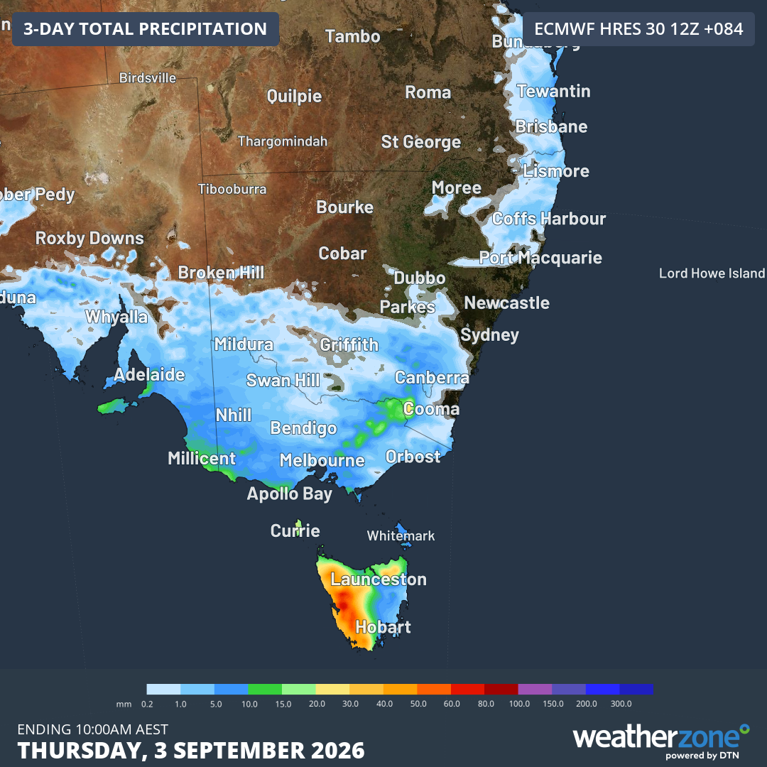 Predicted rainfall accumulation across SE Australia to 10 am (AEST) on Thursday, September 3, 2026, according to the ECMWF model. Source: Weatherzone.