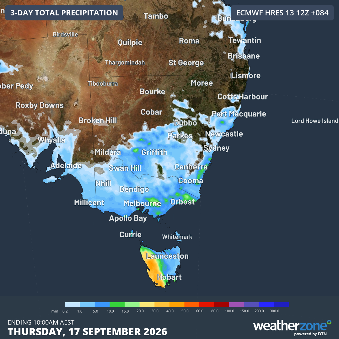 Forecast accumulated rainfall totals to 10 am (AEST) on Thursday, September 17, 2026, for SE Australia, according to the ECMWF model. Source: Weatherzone.