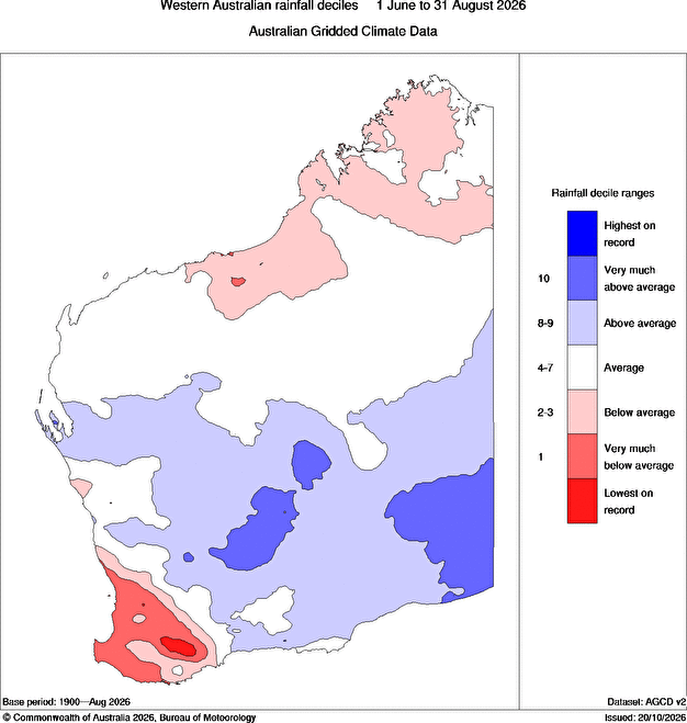 Image: WA rainfall deciles for winter 2026, showing how winter 2026 saw above average rainfall in some parts of the South West Land Division. Source: BoM.