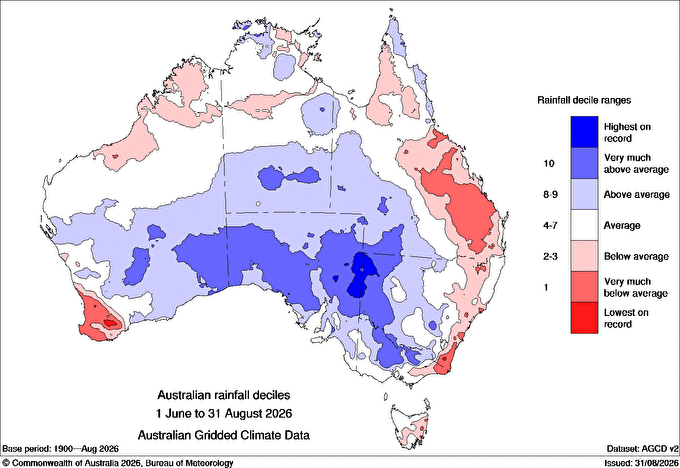 Australian rainfall deciles for winter 2026. Source: BoM.