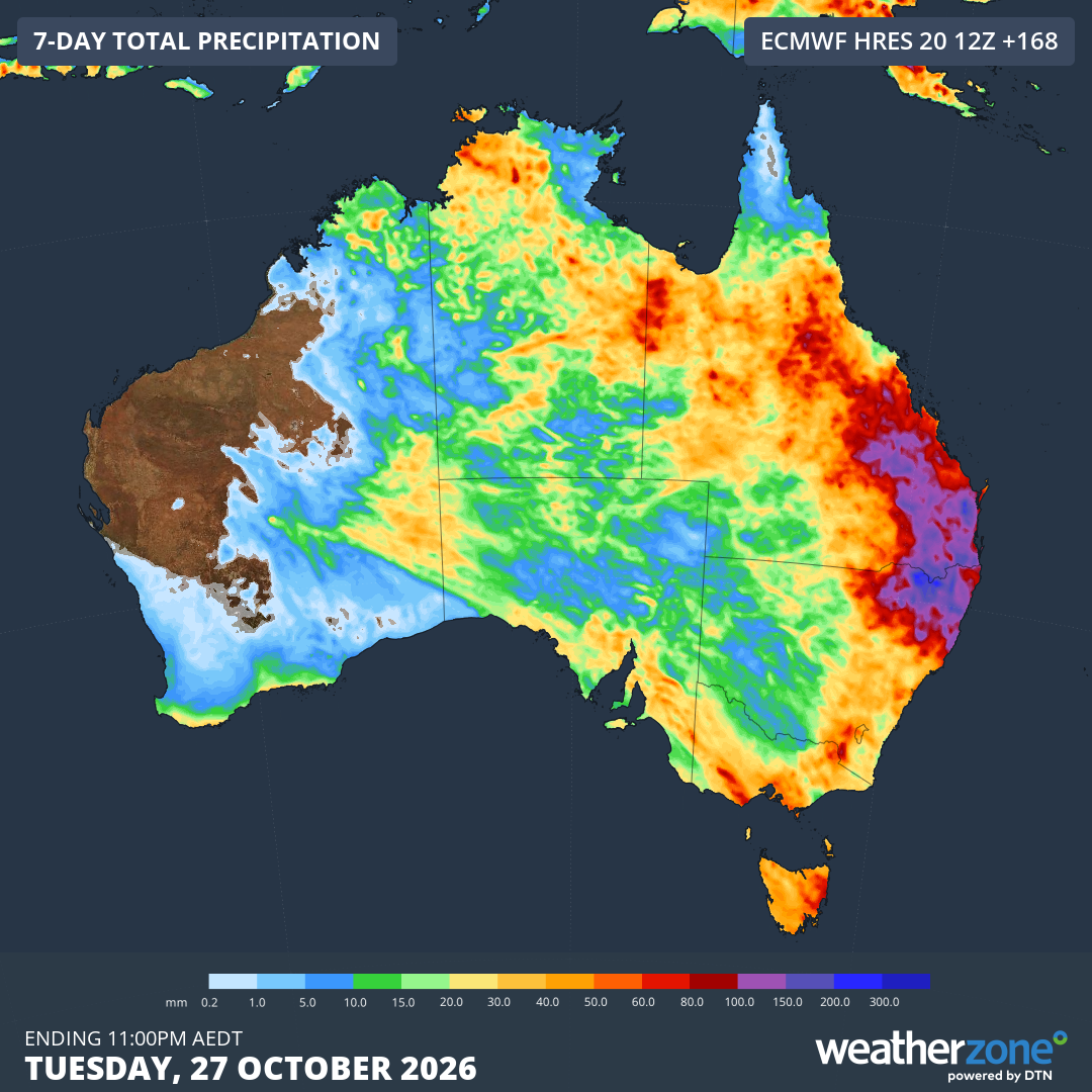 Predicted rain across Australia up until Tuesday, October 27, 2026, showing how NE NSW and SE Qld are the areas forecast to see the heaviest totals. Source: Weatherzone.