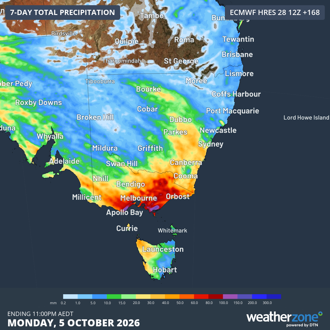 Accumulated rainfall across SE Australia up until 11 pm (AEDT) on Monday, October 5, 2026. Much of the rain shown in Victoria will fall on Thursday and Friday. Source: Weatherzone.