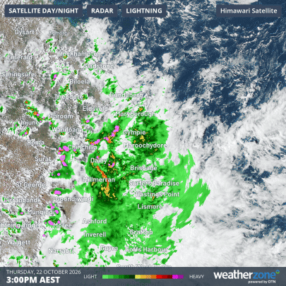 Radar loop over SE Qld in the 12 hours to 3 am (AEST) on Friday, October 23, 2026. Source: Weatherzone.