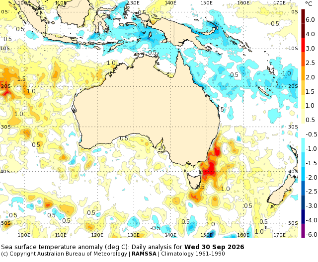 Sea surface temperature anomalies in Australian waters on September 30, 2026. Source: BoM.