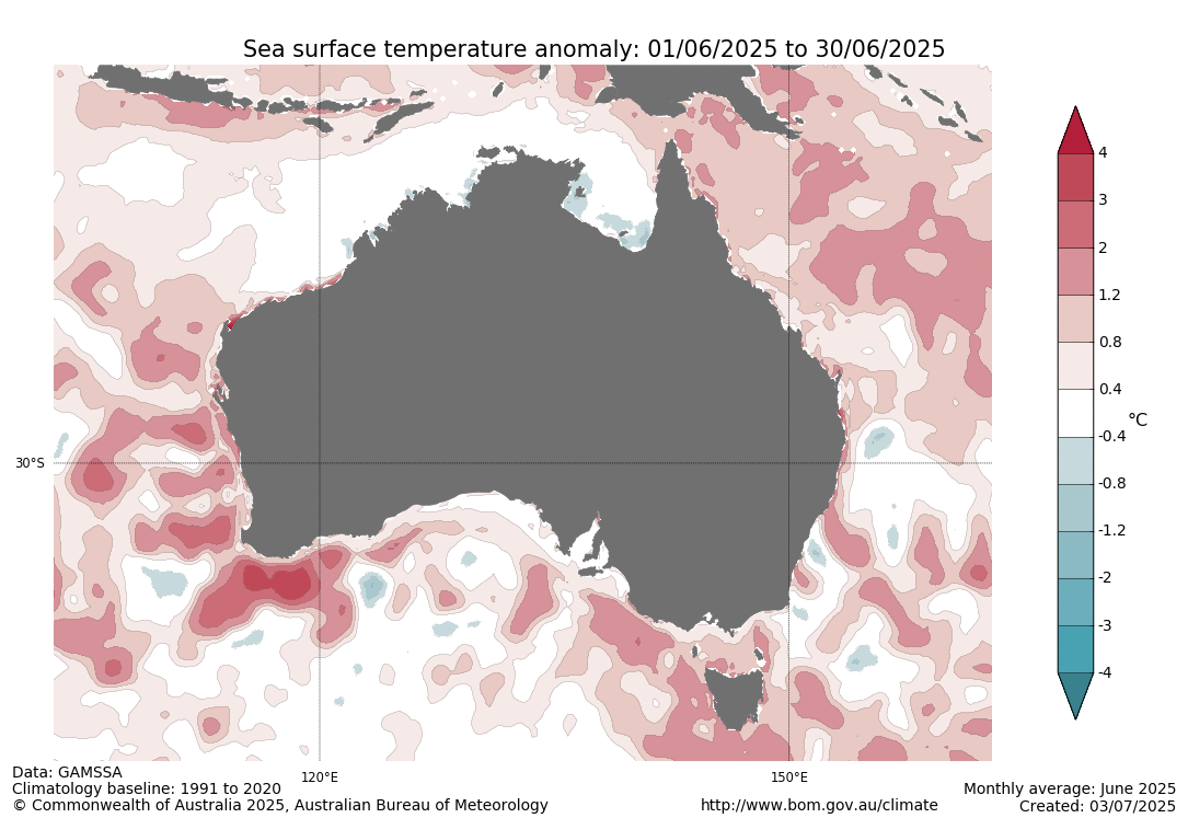 Sea surface temperatures anomalies across Australia in June 2026. Source: BoM.