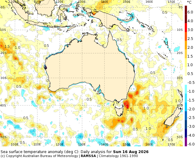 Sea surface temperature anomalies across Australia on Sunday, August 16, 2026. Source: BoM.
