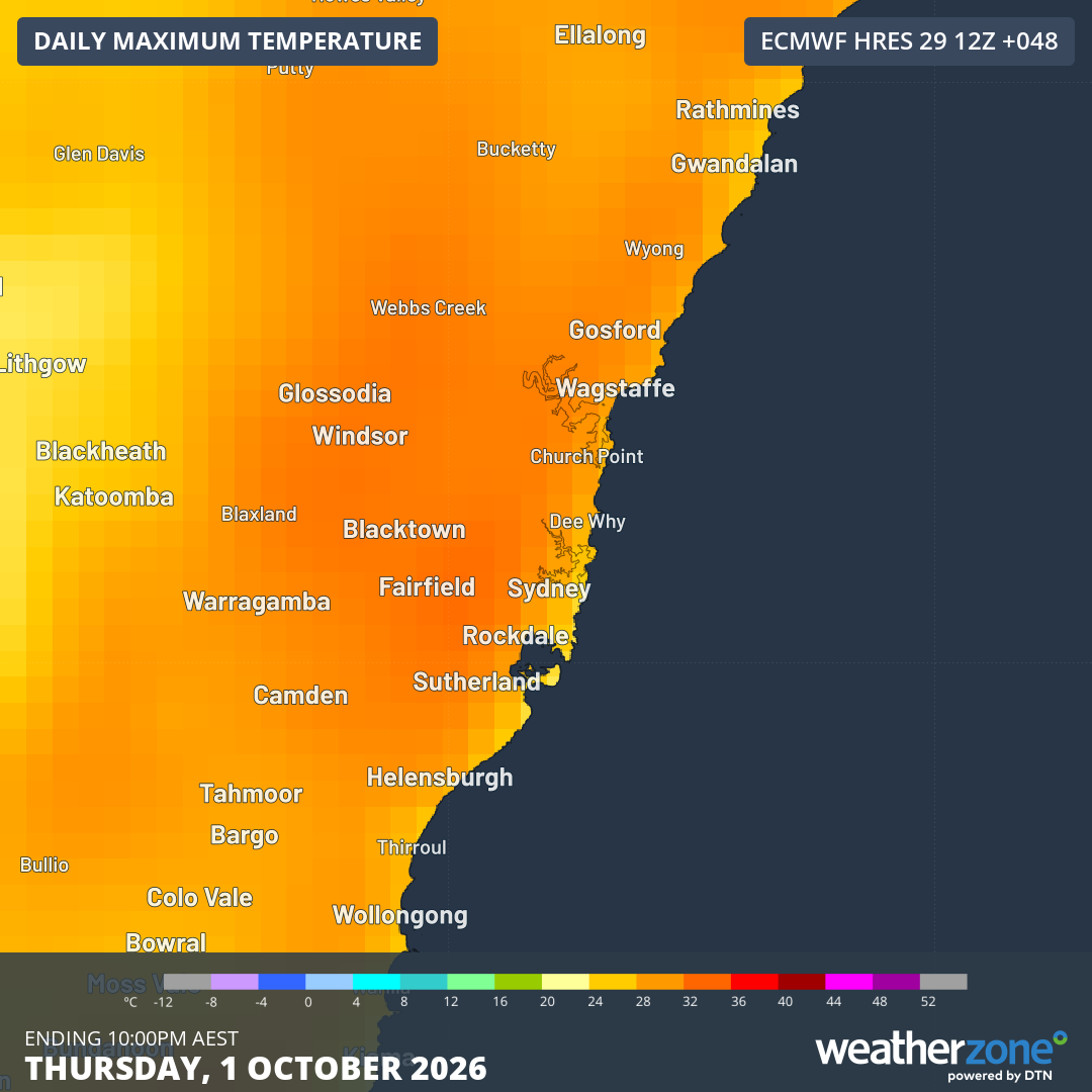 Predicted maximum temperatures for the Sydney region on Thursday, October 1, 2026, showing that the 30-degree threshold will likely be exceeded in many western suburbs. Source: Weatherzone.