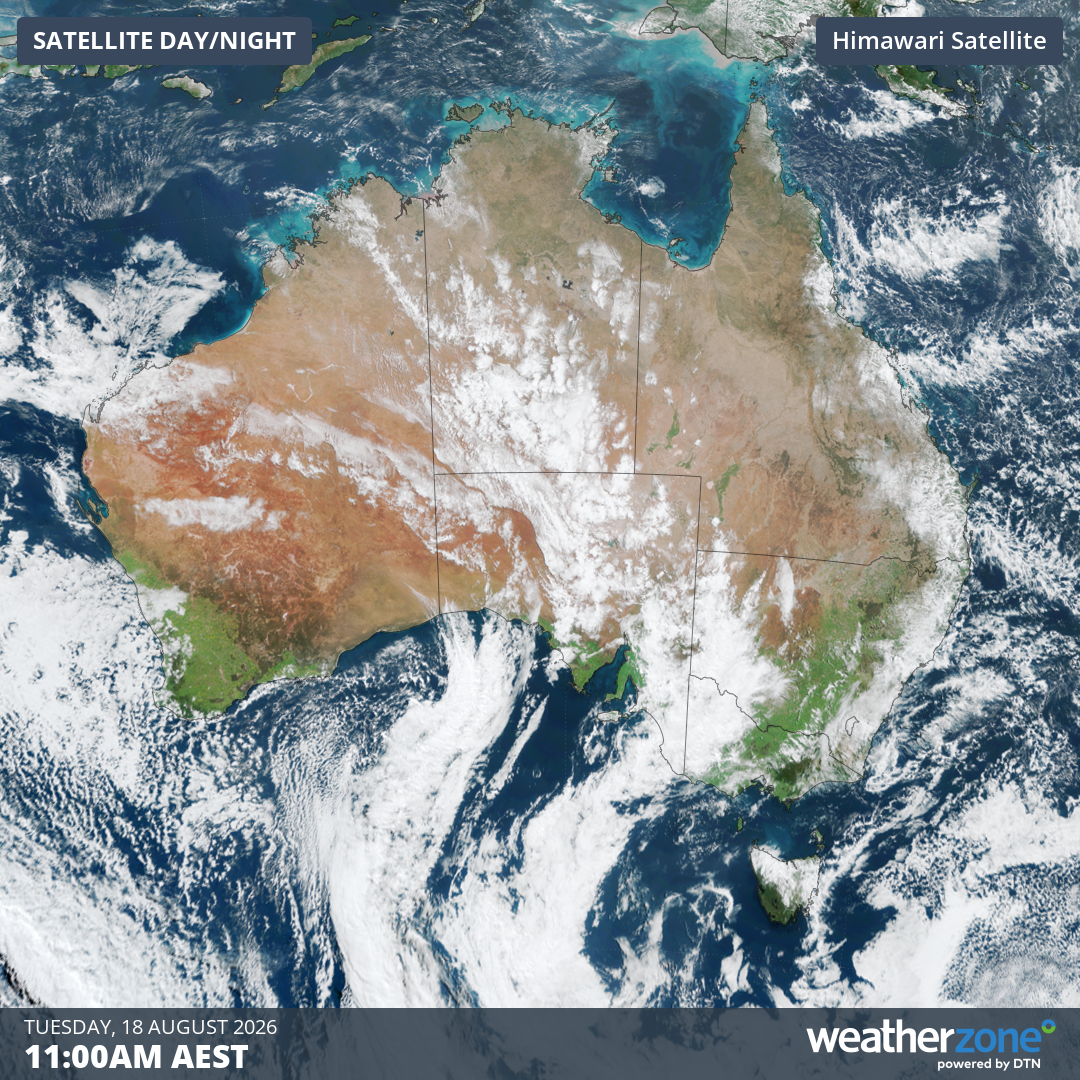 Image: Satellite image over Australia at 11 am (AEST) on Tuesday, August 18, 2026. Source: Weatherzone.