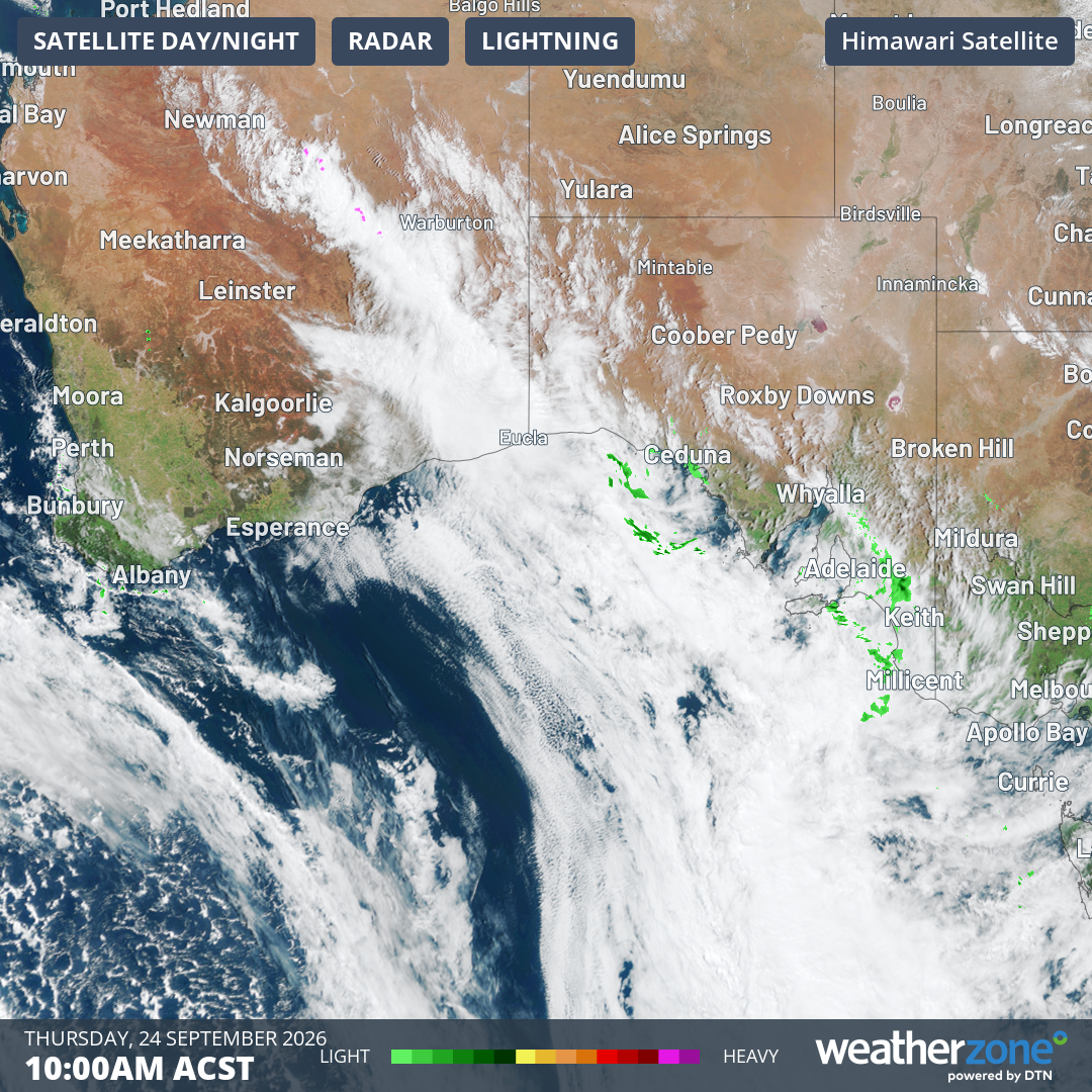 Image: Satellite and radar image for parts of southwest WA, South Australia, and parts of nearby states and territories at 10:00 am (ACST) on Thursday, September 24, 2026. Source: Weatherzone.