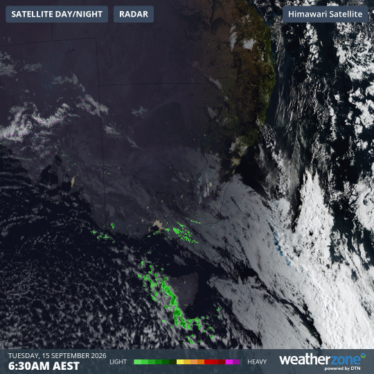 Image: Combined satellite and radar loop for southeastern Australia for the four hours until 10:30 am (AEST) on Tuesday, September 15, 2026. Source: Weatherzone.