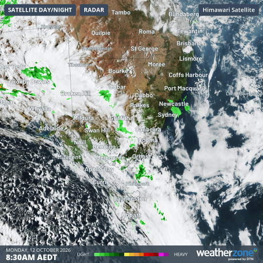 Combined satellite and radar loop for SE Australia from 8: 30 am to 10:30 am (AEDT) on Monday, October 12, 2026. Source: Weatherzone.