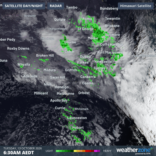 Combined satellite and radar loop for SE Australia for the four hours to 10:30 am (AEDT) on Tuesday, October 13, 2026. Source: Weatherzone.