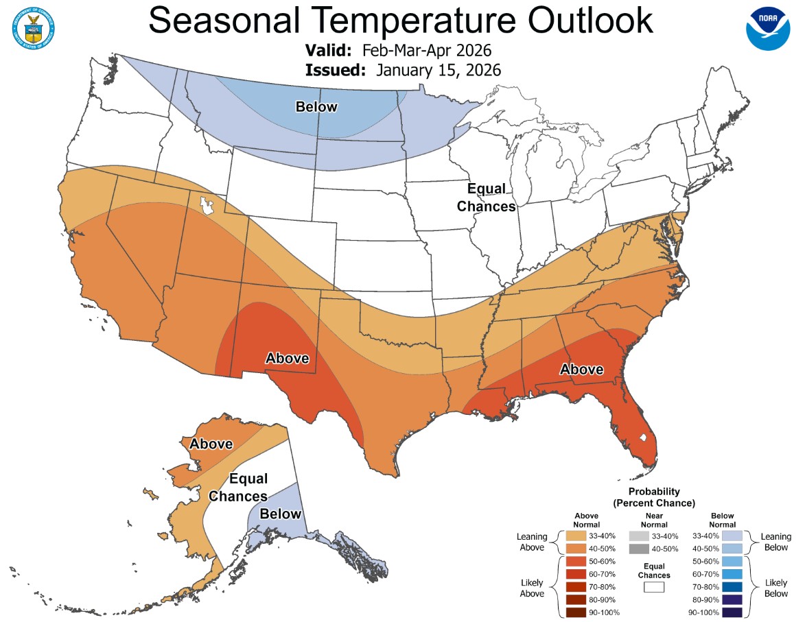 Seasonal temperature outlook for February to March 2026. Source: NOAA Climate Prediction Center.