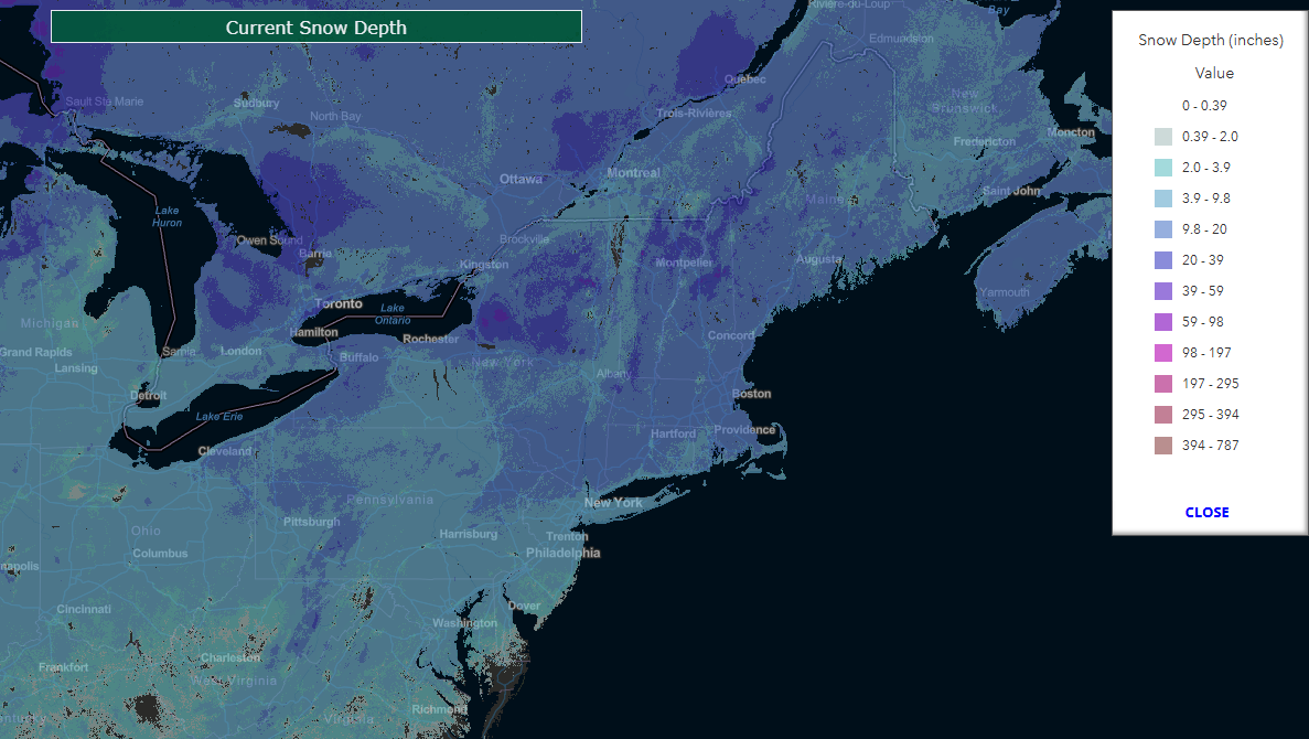 Current snow depth across much of the Northeast U.S. exceeds 10 inches. Source: United States Department of Agriculture.