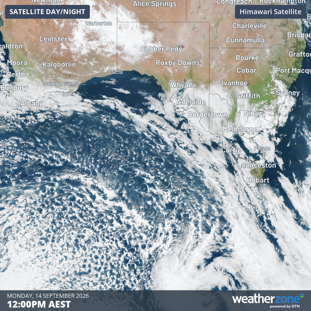A classic speckled cloud pattern associated with a polar air mass at midday (AEST) on Monday, September 14, 2026. Source: Weatherzone.