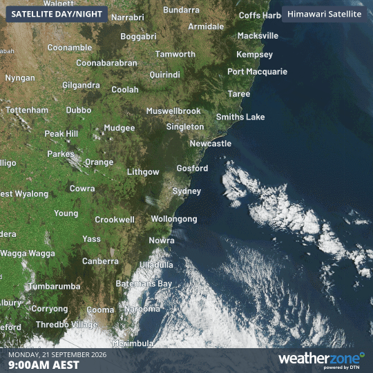 Two-hour satellite loop to 11 am (AEST) on Monday, September 21, 2026 for Sydney and nearby locations. Source: Weatherzone.