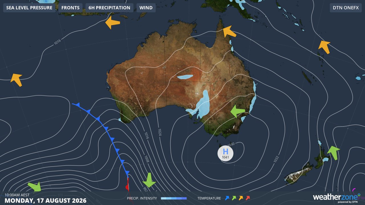 Synoptic chart for Australia at 10 am (AEST) on Monday, August 17, 2026, showing the strong high pressure system centred over Tasmania. Source: Weatherzone