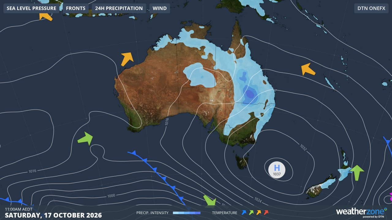Synoptic chart for Saturday, October 17, 2026, showing air circulating anti-clockwise around the high, pushing moisture onshore and dragging warm air from the interior of the mainland towards Adelaide, Melbourne and Hobart. Source: Weatherzone.