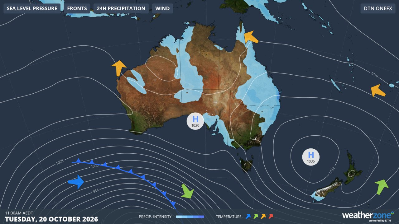 Synoptic chart for Tuesday, October 20, 2026, illustrating how the position of the high will change only very slightly over three days. Source: Weatherzone.