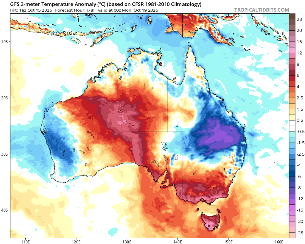 Image: Temperature anomalies across Australia predicted for the morning of Monday, October 19, 2026, showing how Tasmania, Victoria and parts of SA near Adelaide will be warmer than usual, while the east coast from Sydney to Brisbane and further north will be significantly cooler. Source: Tropical Tidbits.