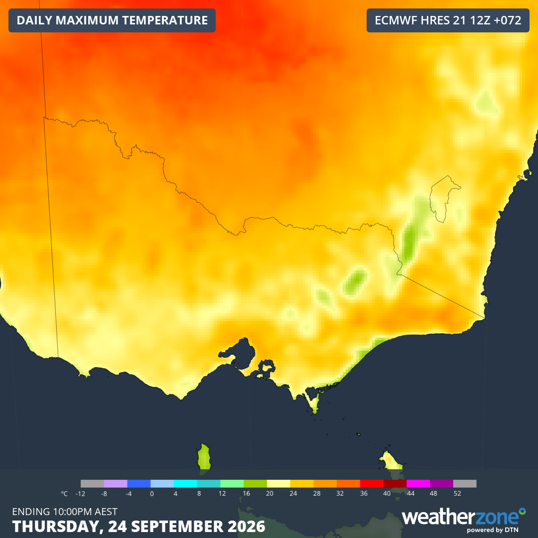 Image: Forecast maximums across Victoria on Thursday, September 24, 2026, according to the ECMWF model. Source: Weatherzone.