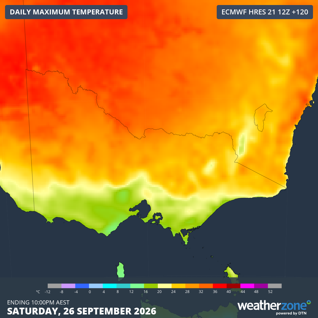 Image: Forecast maximums across Victoria on Saturday, September 26, 2026, according to the ECMWF model, showing cooler air reaching southern Vic. Source: Weatherzone.