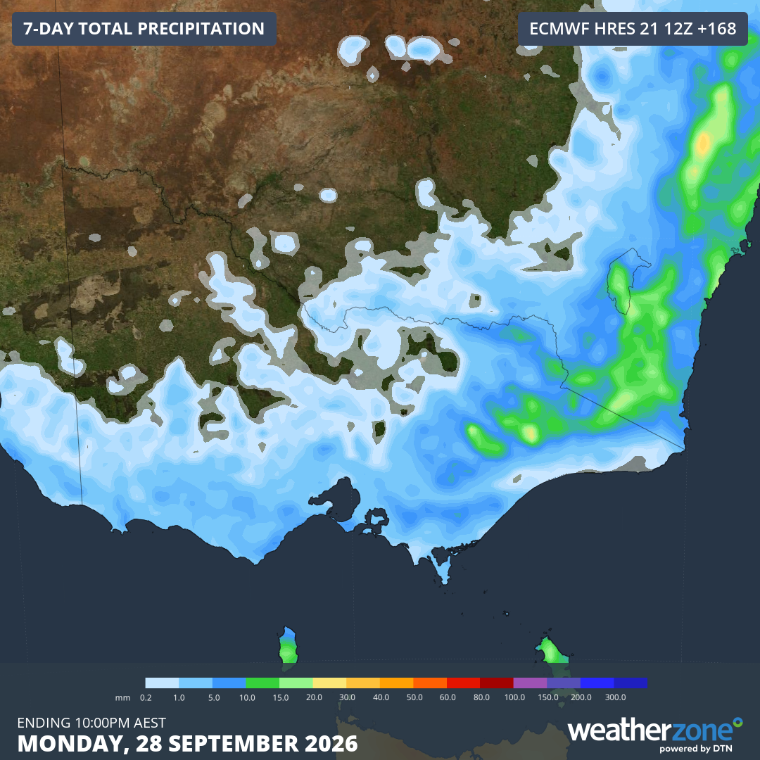 Accumulated rainfall totals for Victoria and parts of nearby states according to the ECMWF model up until 10 pm (AEST) on Monday, September 28, 2026. Source: Weatherzone.
