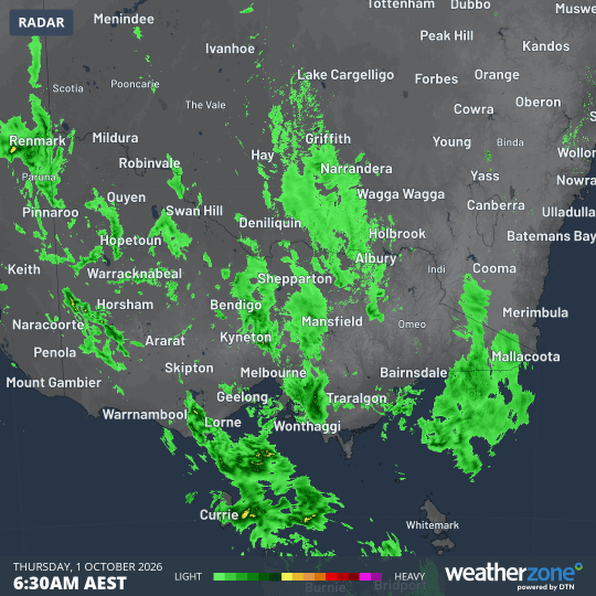 Rain radar for Victoria and parts of adjacent states for the four hours to 10:30 am on Thursday, October 1, 2026. Source: Weatherzone.