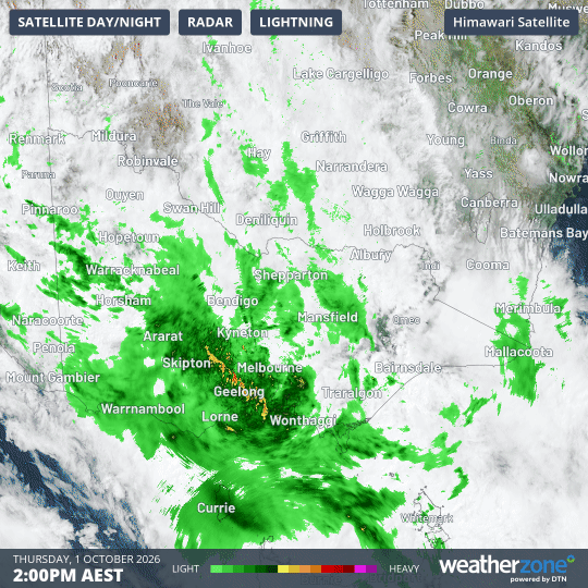 12-hour combined radar and satellite loop for Victoria up until 2 am on Friday, October 2, 2026, Source: Weatherzone.