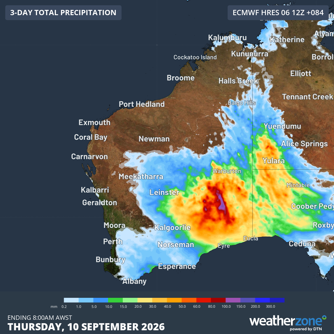 Predicted rainfall accumulation to 8 am (AWST) this Thursday, September 10, 2026. Source: Weatherzone.
