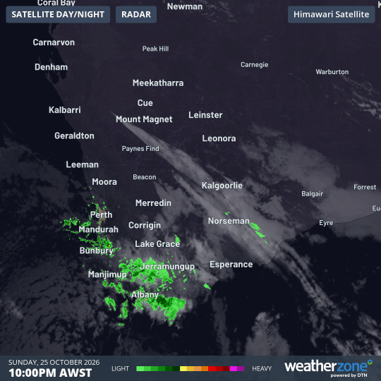 Image: Six-hour radar and satellite loop to 4 am (AWST) on Monday, October 26, 2026. Source: Weatherzone.
