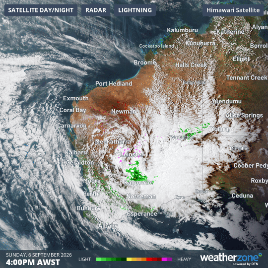 6-hour radar and satellite loop from 4 pm (AWST) to 10 pm on Sunday, September 6, 2026. Source: Weatherzone.