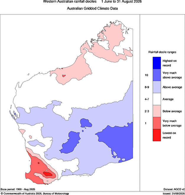 Image: WA rainfall deciles for winter 2026. Source: BoM.